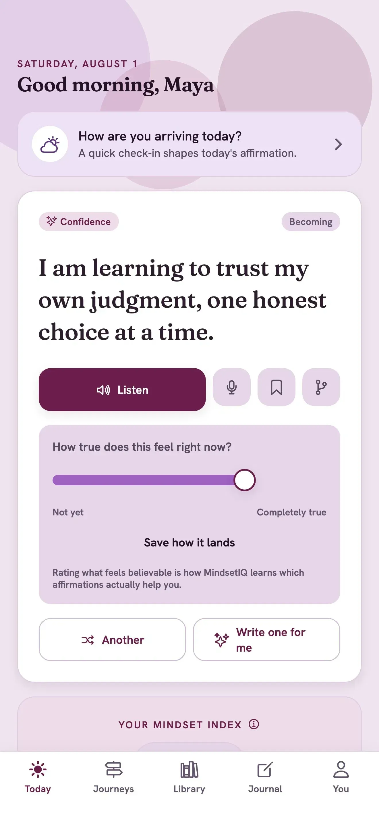 MindsetIQ app daily affirmation screen